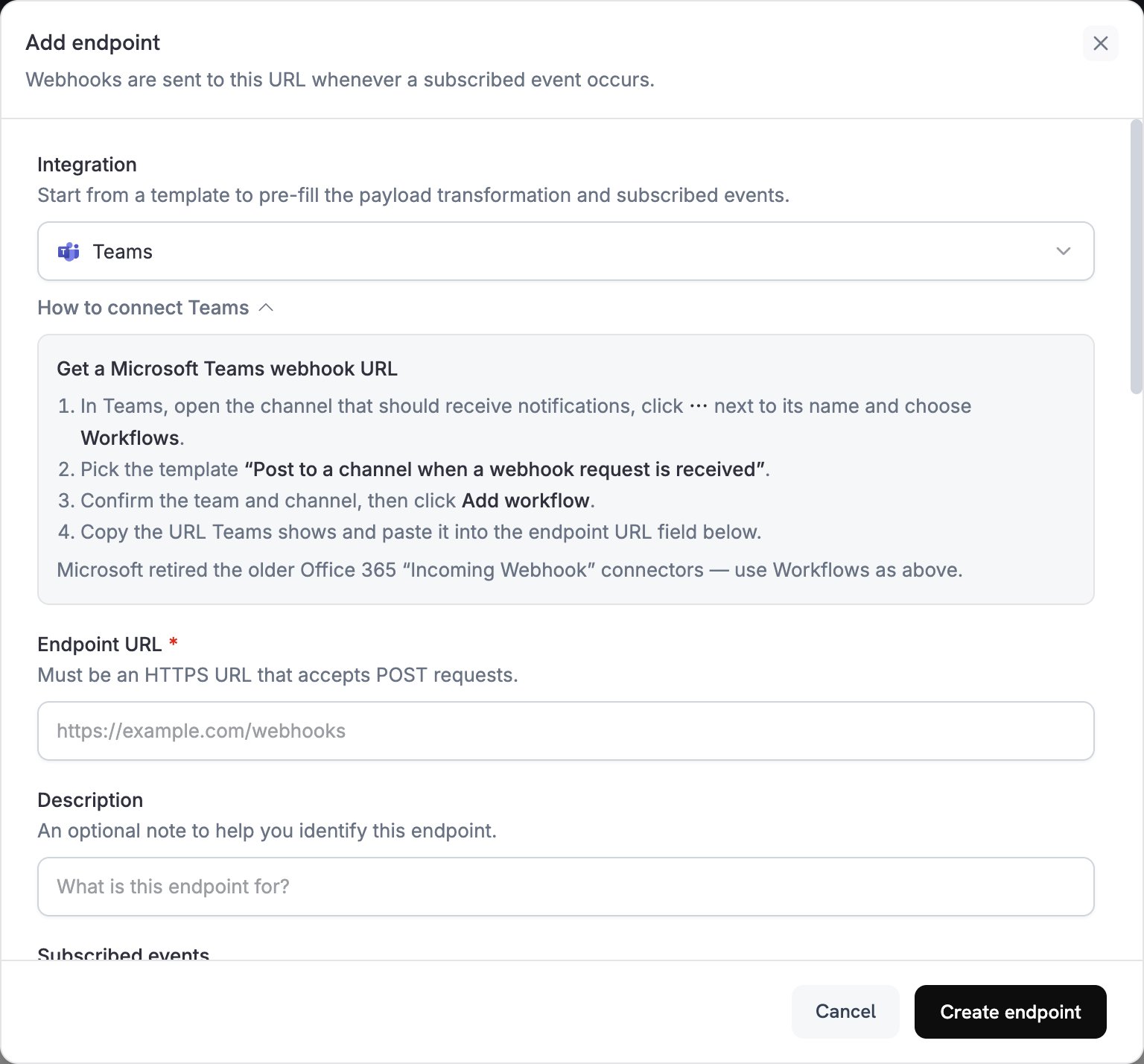 Add endpoint dialog with Teams selected in the Integration dropdown