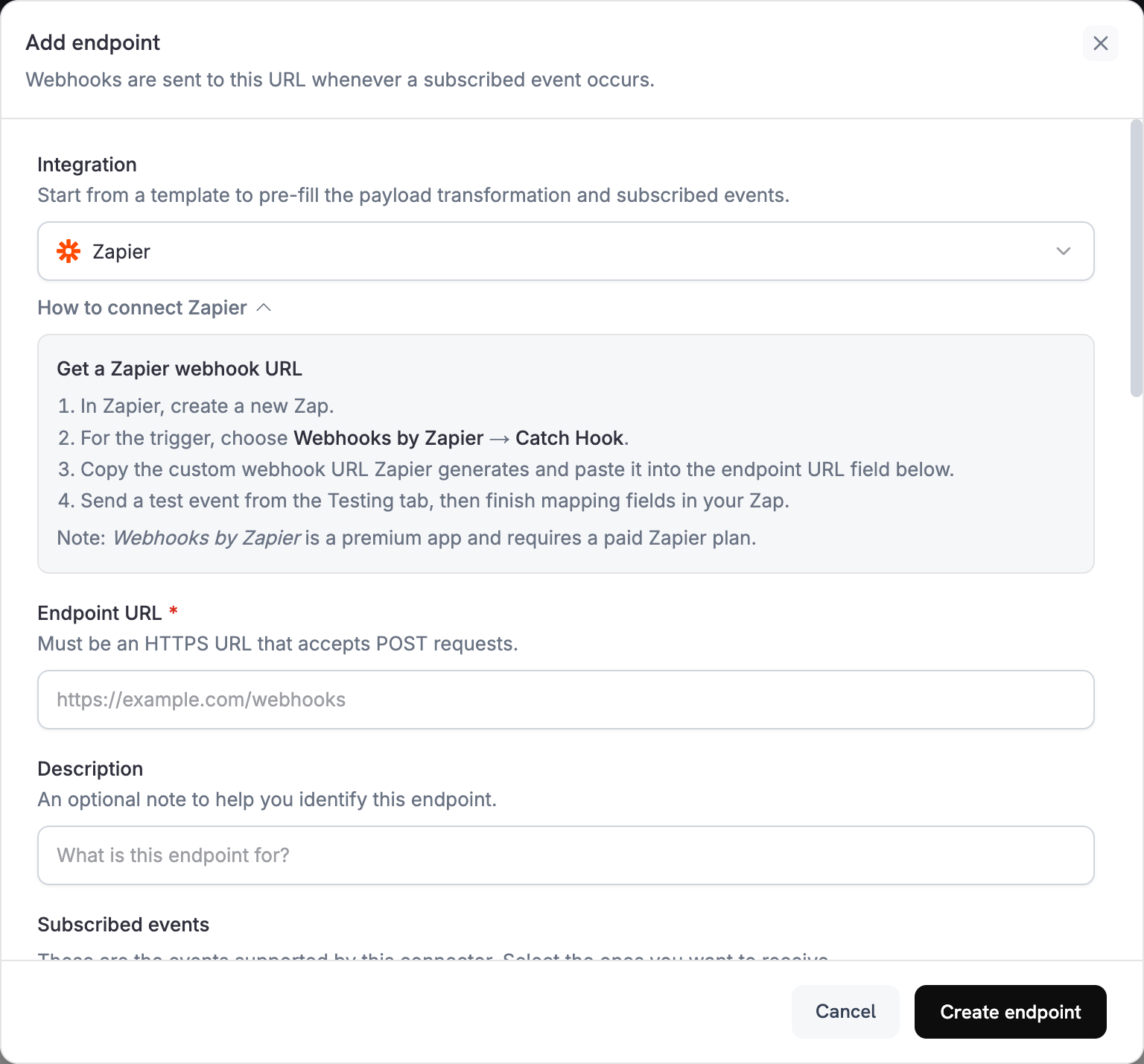 Add endpoint dialog with Zapier selected in the Integration dropdown and the How to connect Zapier steps