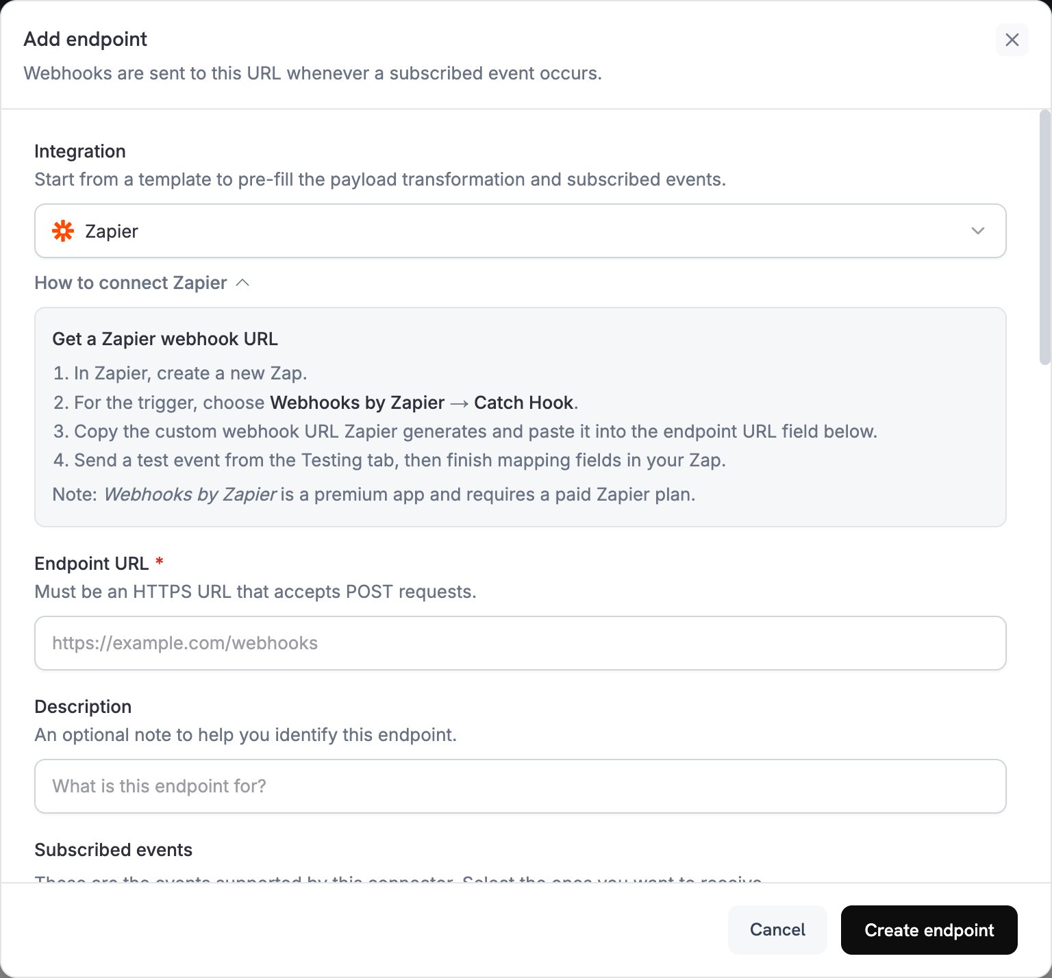 Add endpoint dialog with Zapier selected in the Integration dropdown and the How to connect Zapier steps