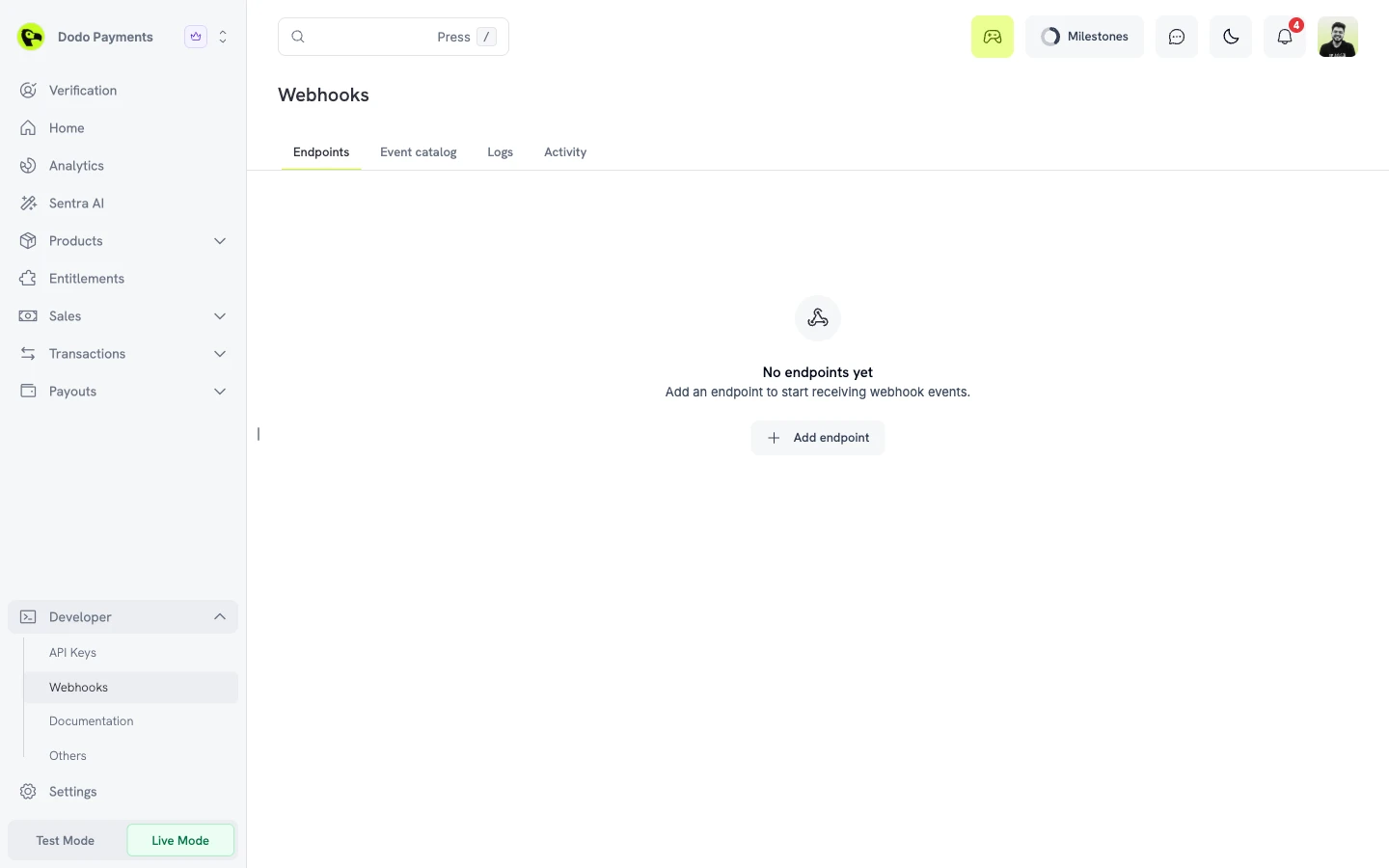 Webhooks page in live mode with no endpoints and an Add endpoint button