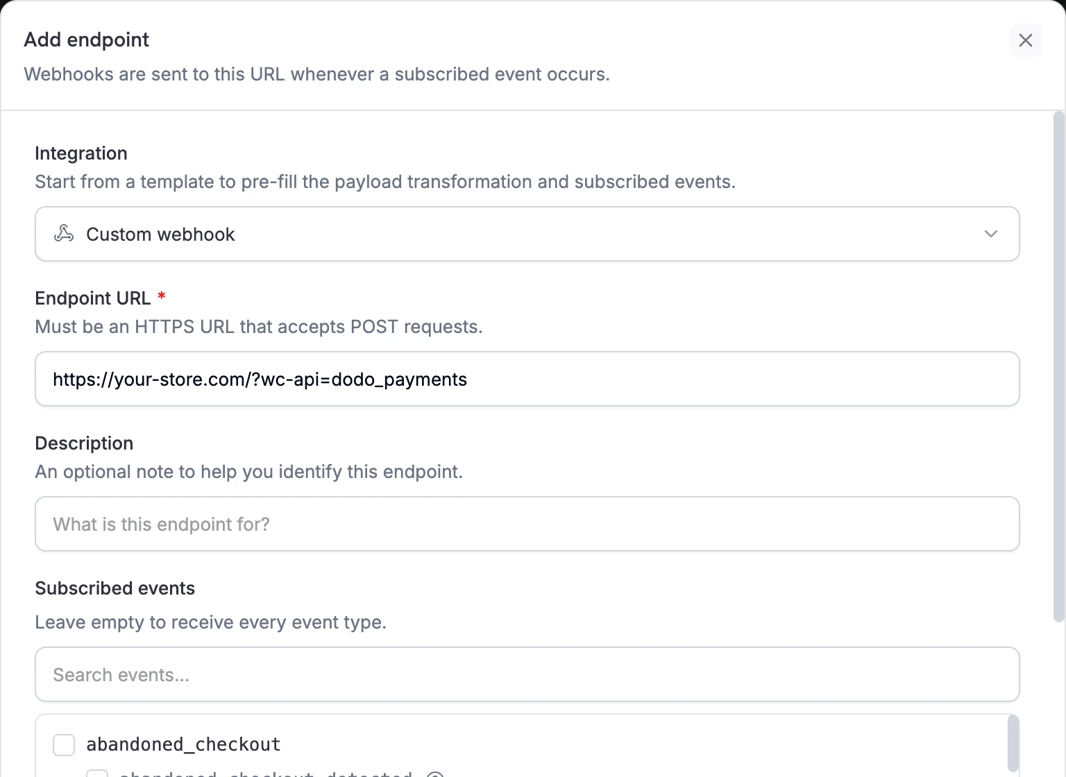Add endpoint dialog with the WooCommerce webhook URL in Endpoint URL