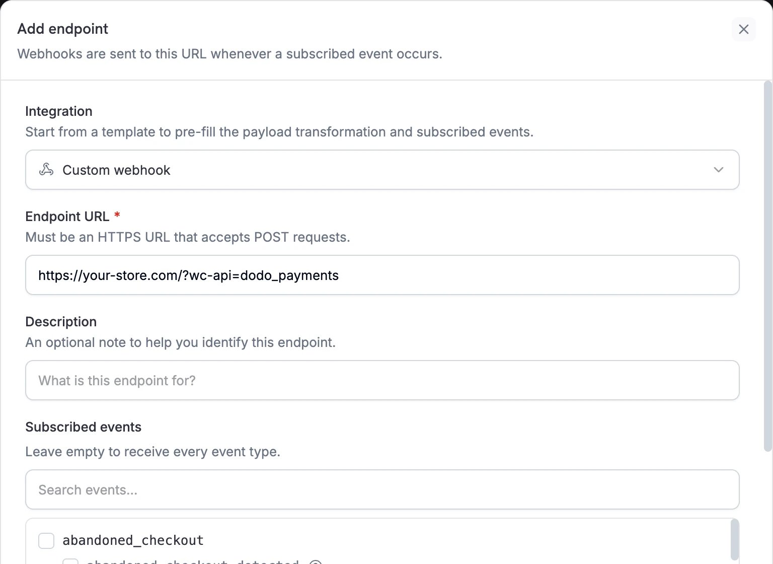 Add endpoint dialog with the WooCommerce webhook URL in Endpoint URL