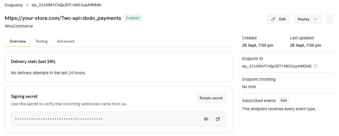 Endpoint Overview tab with the hidden signing secret, the reveal and copy icons, and Rotate secret