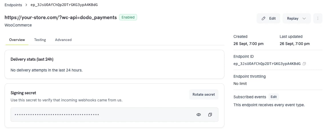 Endpoint Overview tab with the hidden signing secret, the reveal and copy icons, and Rotate secret