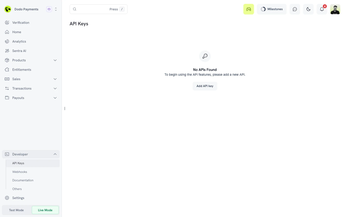 Dodo Payments API Keys page with no keys and an Add API key button