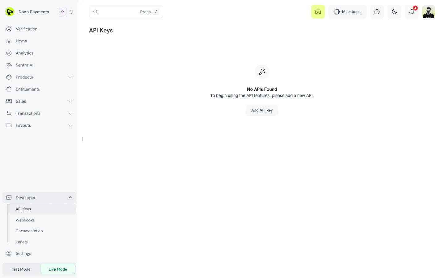 Dodo Payments API Keys page with no keys and an Add API key button