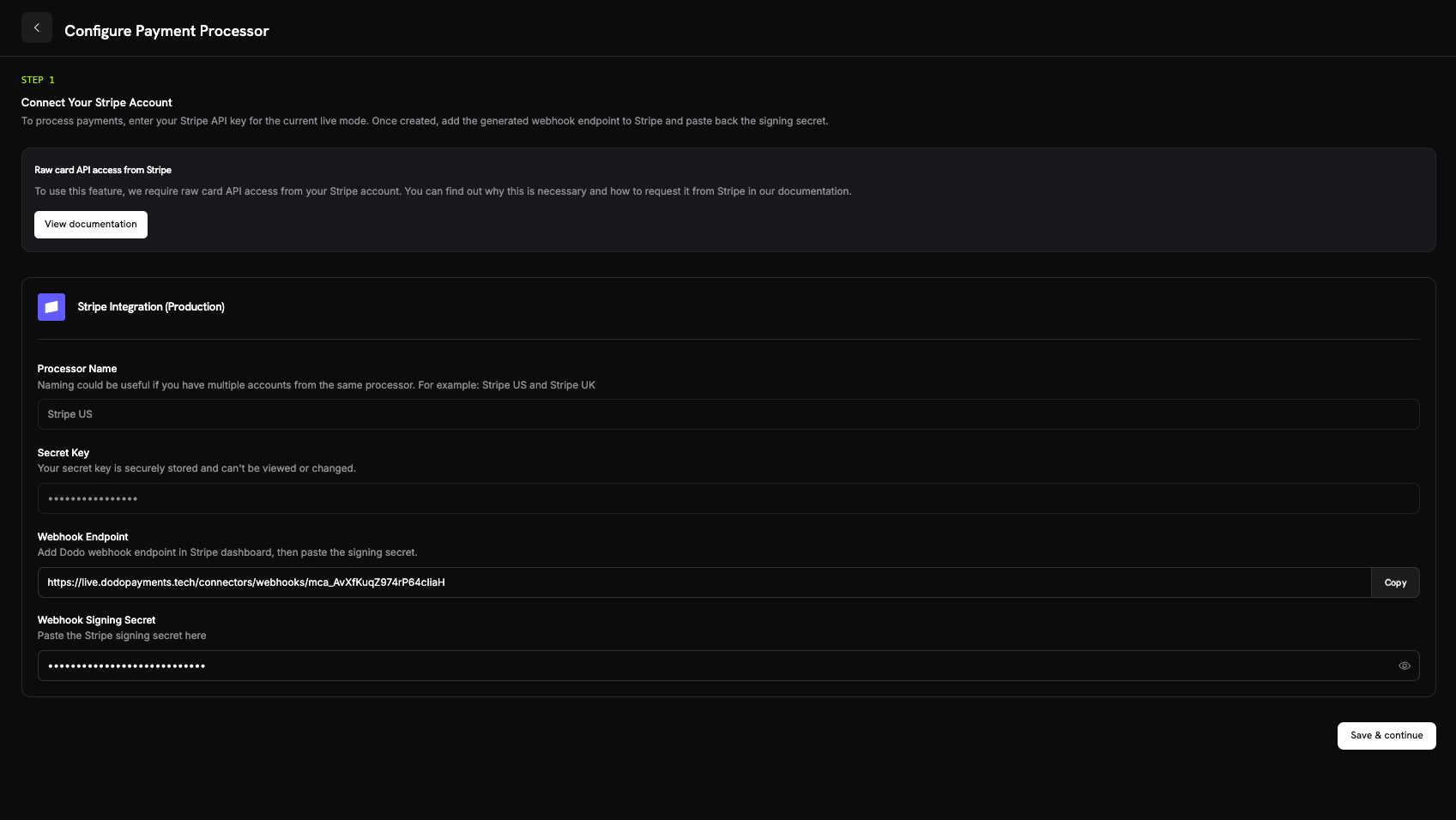 Langkah Hubungkan Akun Stripe Anda menampilkan nama prosesor, kunci rahasia, endpoint webhook, dan bidang rahasia tanda tangan