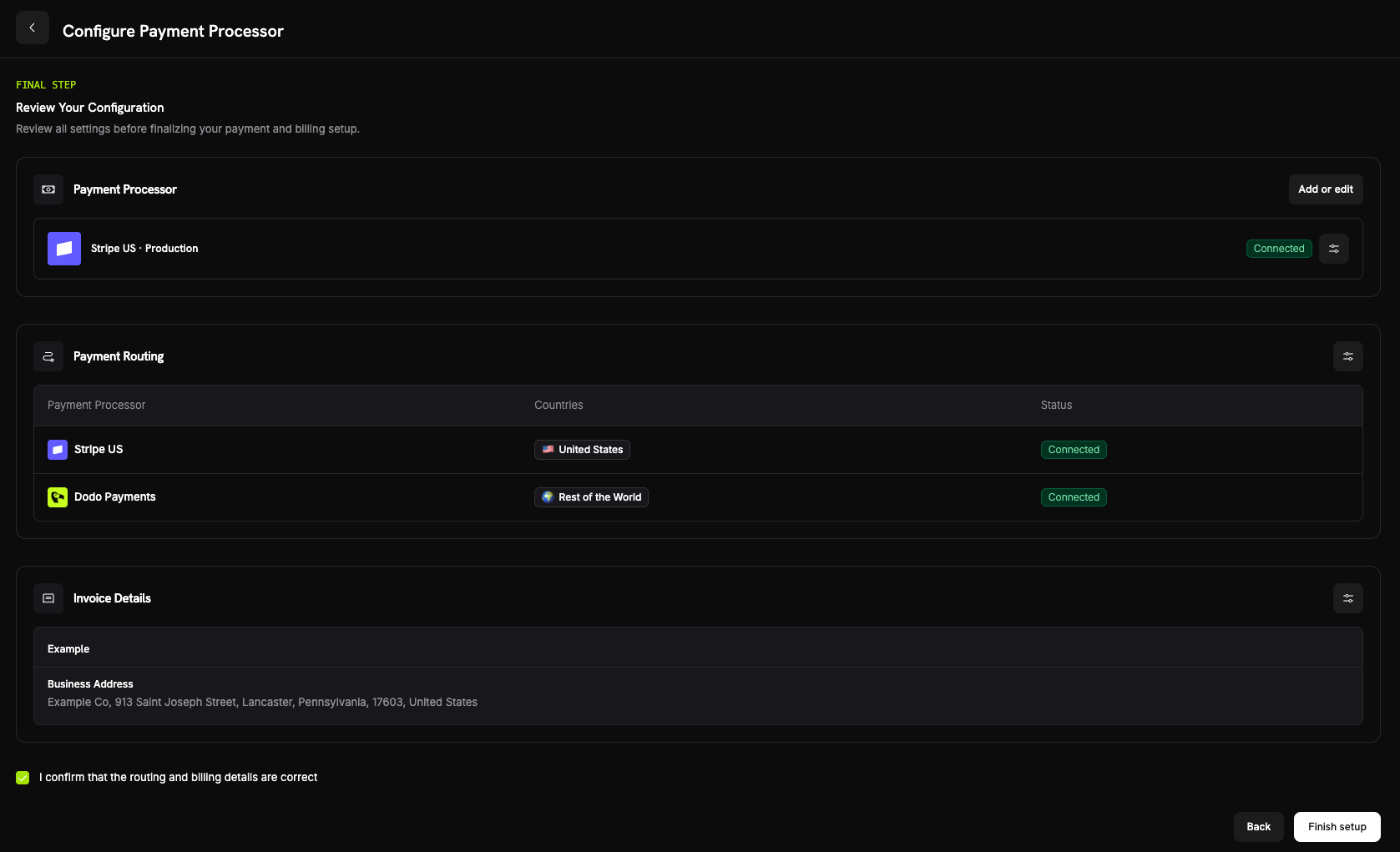 Langkah Tinjau Konfigurasi Anda meringkas prosesor, routing, dan detail faktur