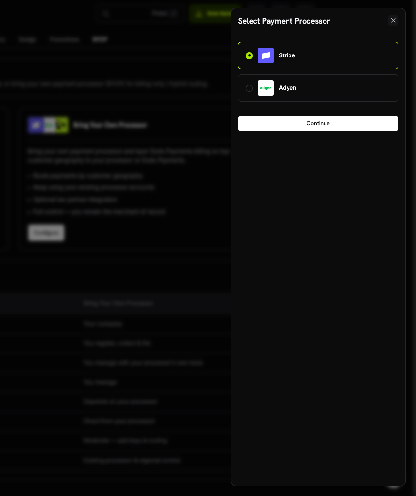 Dialog Pilih Payment Processor dengan opsi Stripe dan Adyen