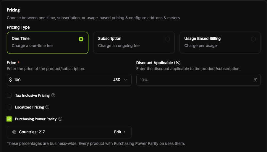 Purchasing Power Parity ticked in the product Pricing section