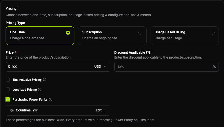 Purchasing Power Parity ticked in the product Pricing section