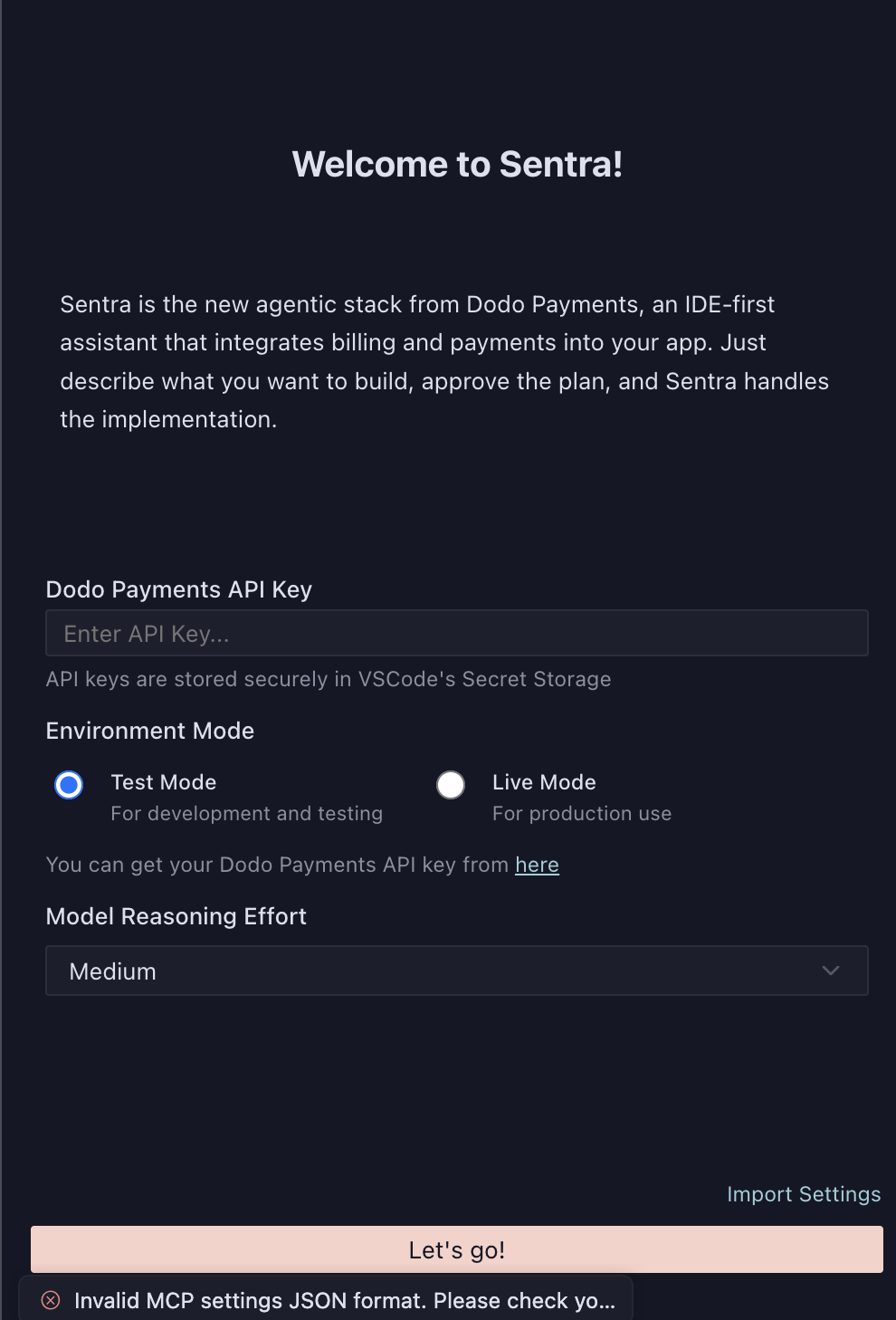 Sentra configuration screen with API key input and environment selection