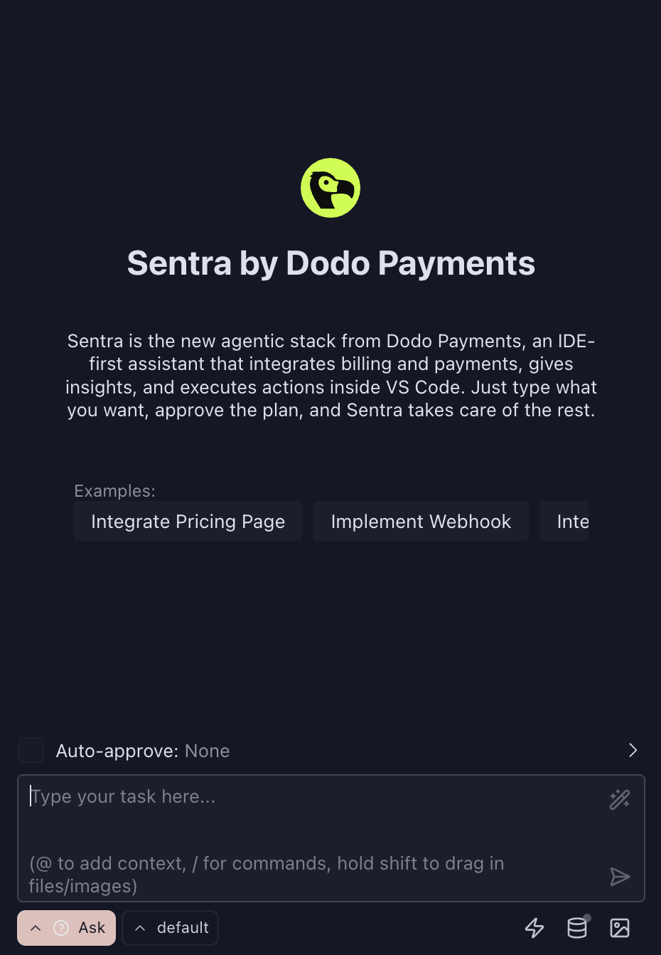 Sentra interface showing prompt input with example task