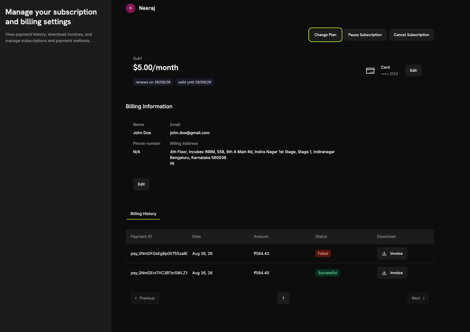 Subscription details page with Change Plan, Pause Subscription, and Cancel Subscription buttons