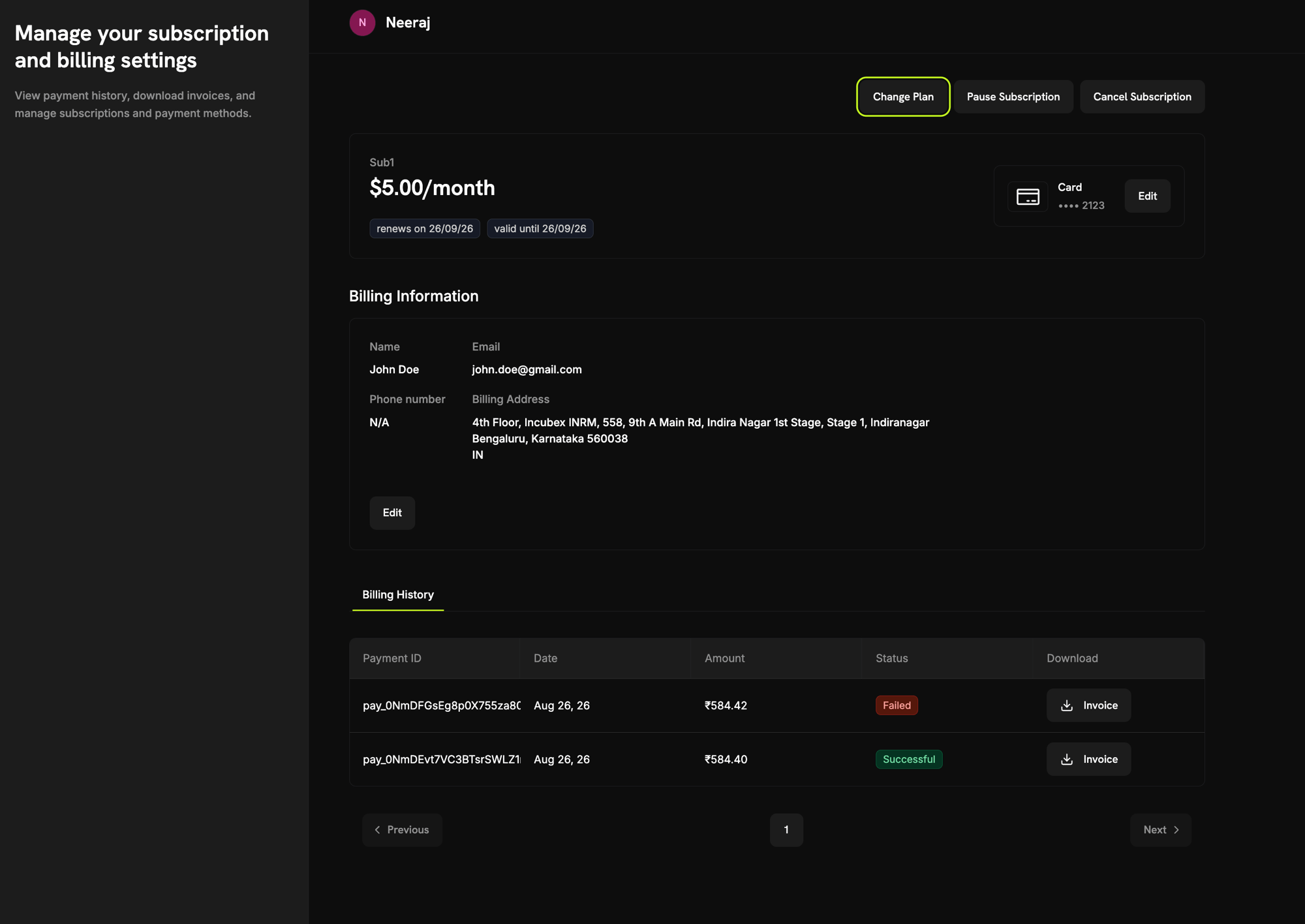 Subscription details page with Change Plan, Pause Subscription, and Cancel Subscription buttons