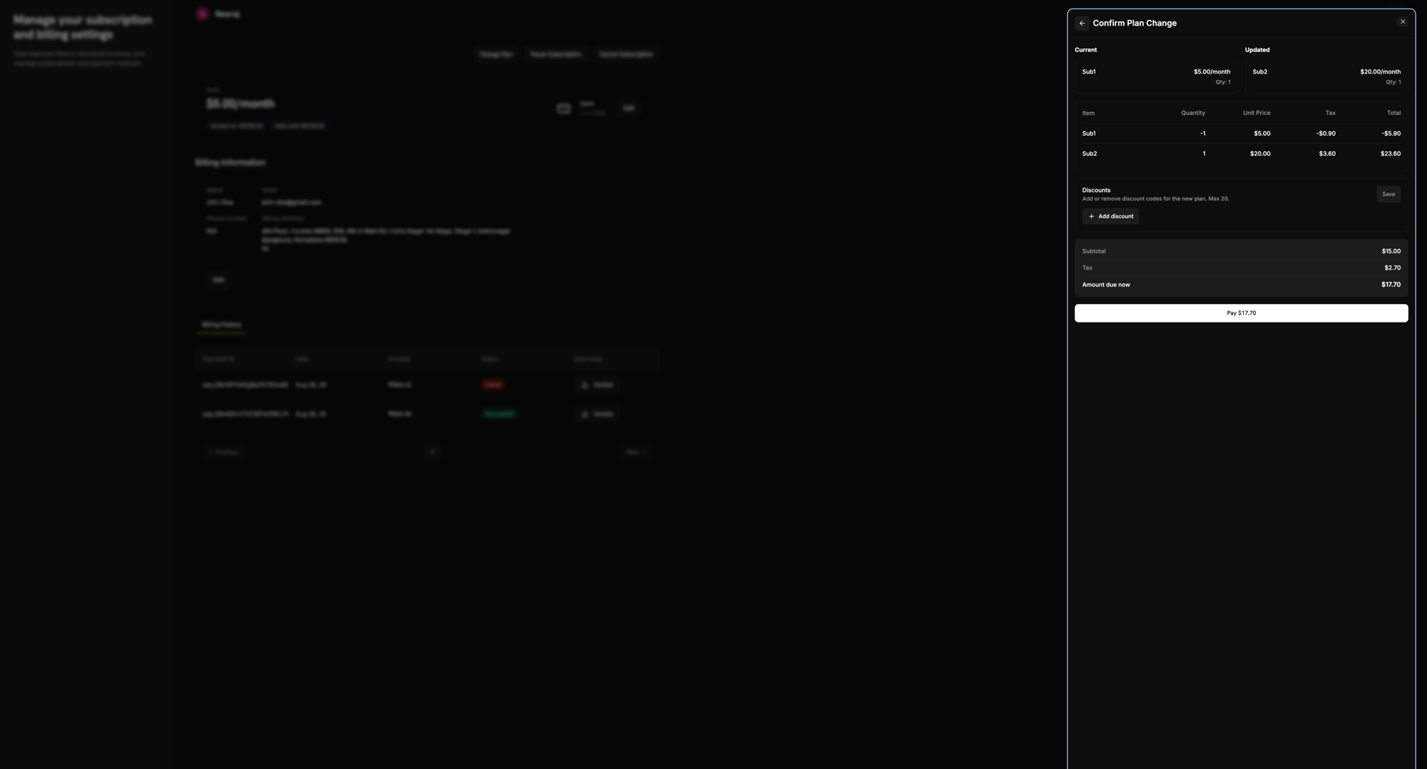 Confirm Plan Change panel showing current vs. updated plan, a line-item breakdown, discount code entry, and the Pay button