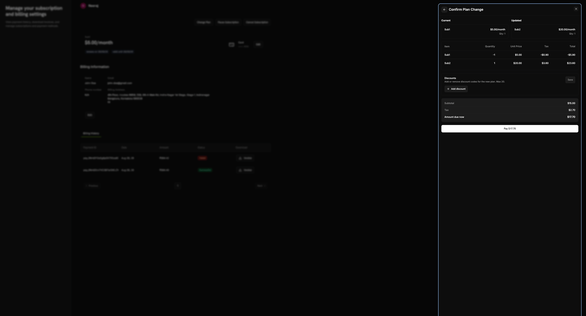 Confirm Plan Change panel showing current vs. updated plan, a line-item breakdown, discount code entry, and the Pay button
