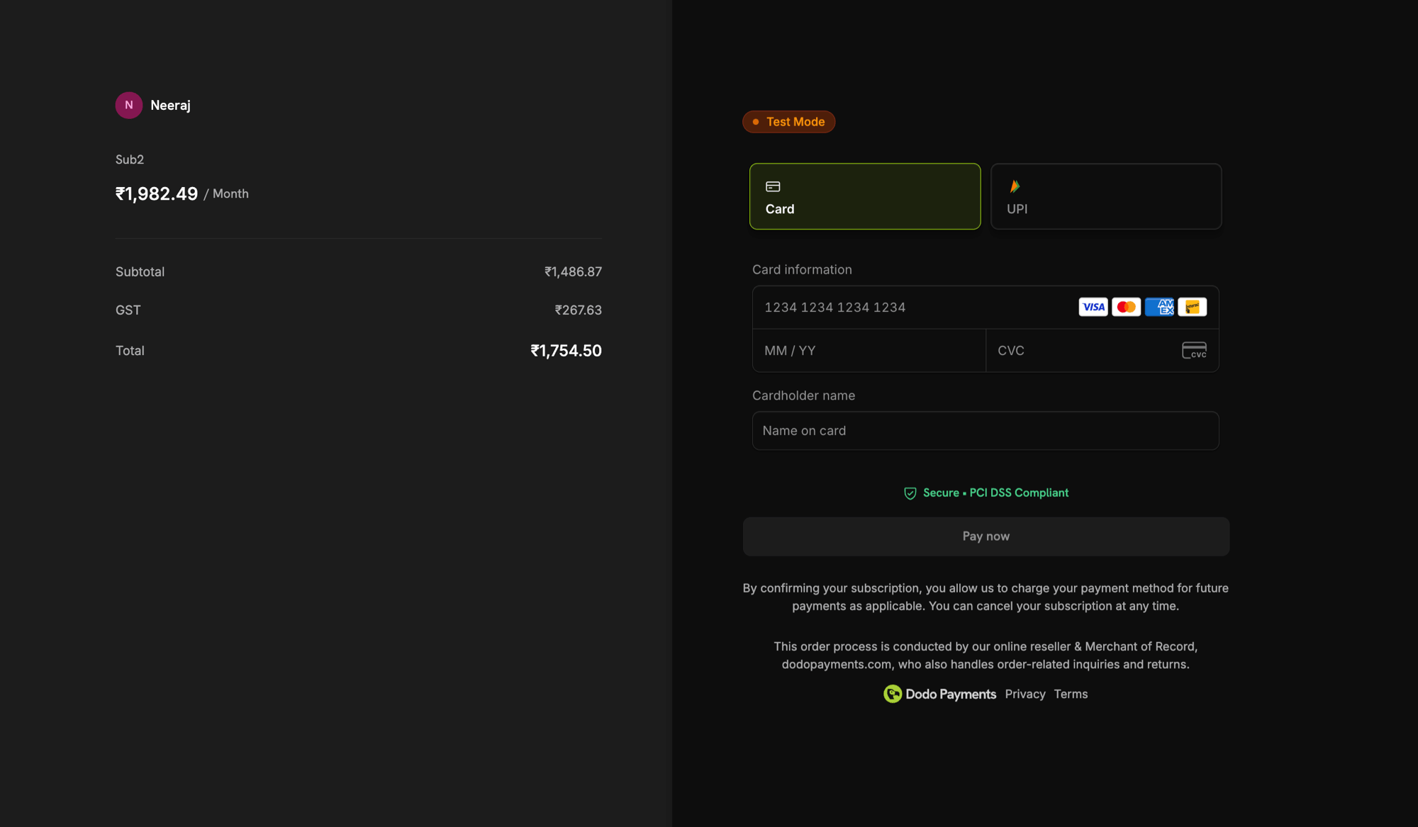 Hosted Dodo Checkout page from a separate example, where the customer pays for a plan change