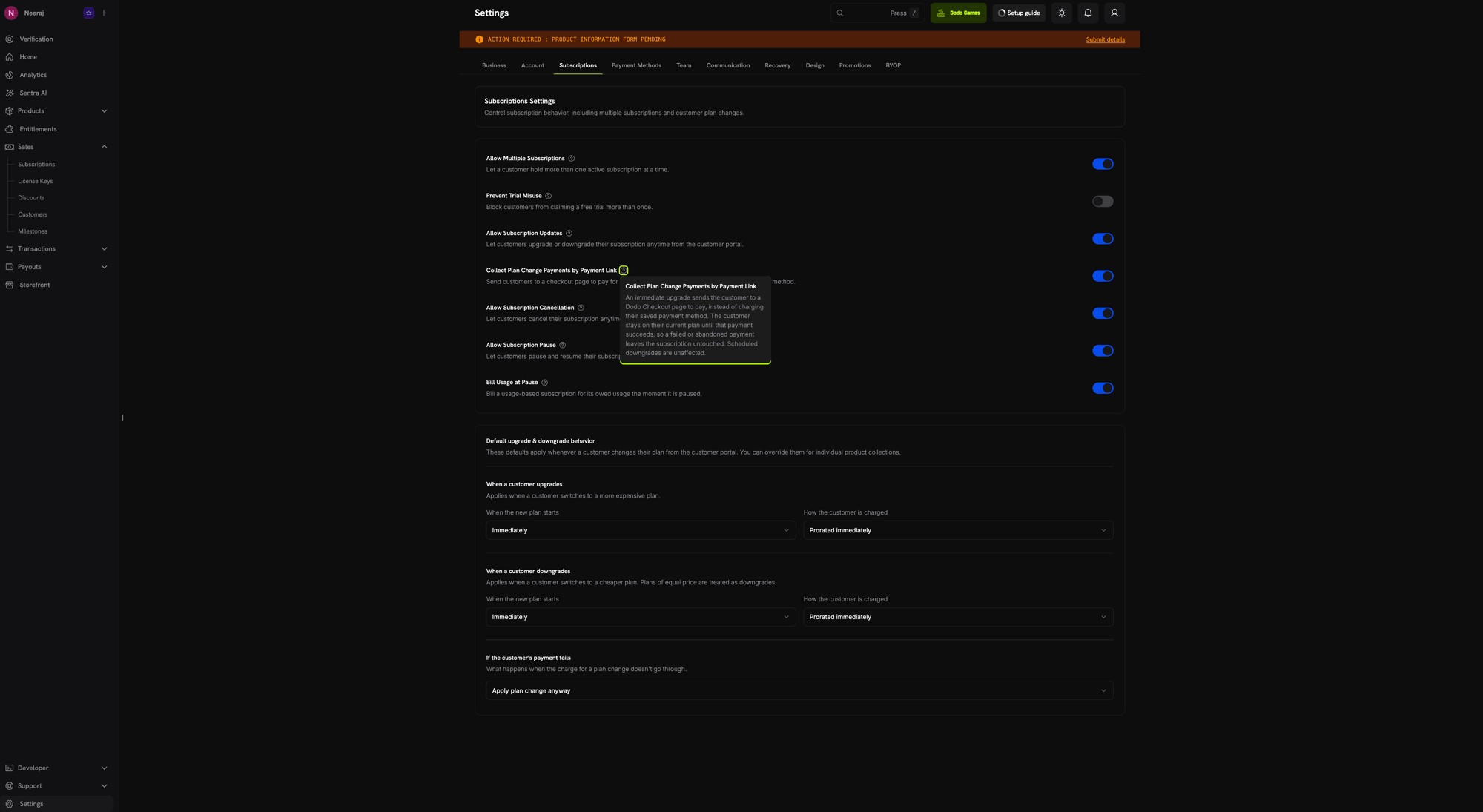 Settings → Subscriptions page with the Collect Plan Change Payments by Payment Link toggle enabled and its tooltip explaining the behavior
