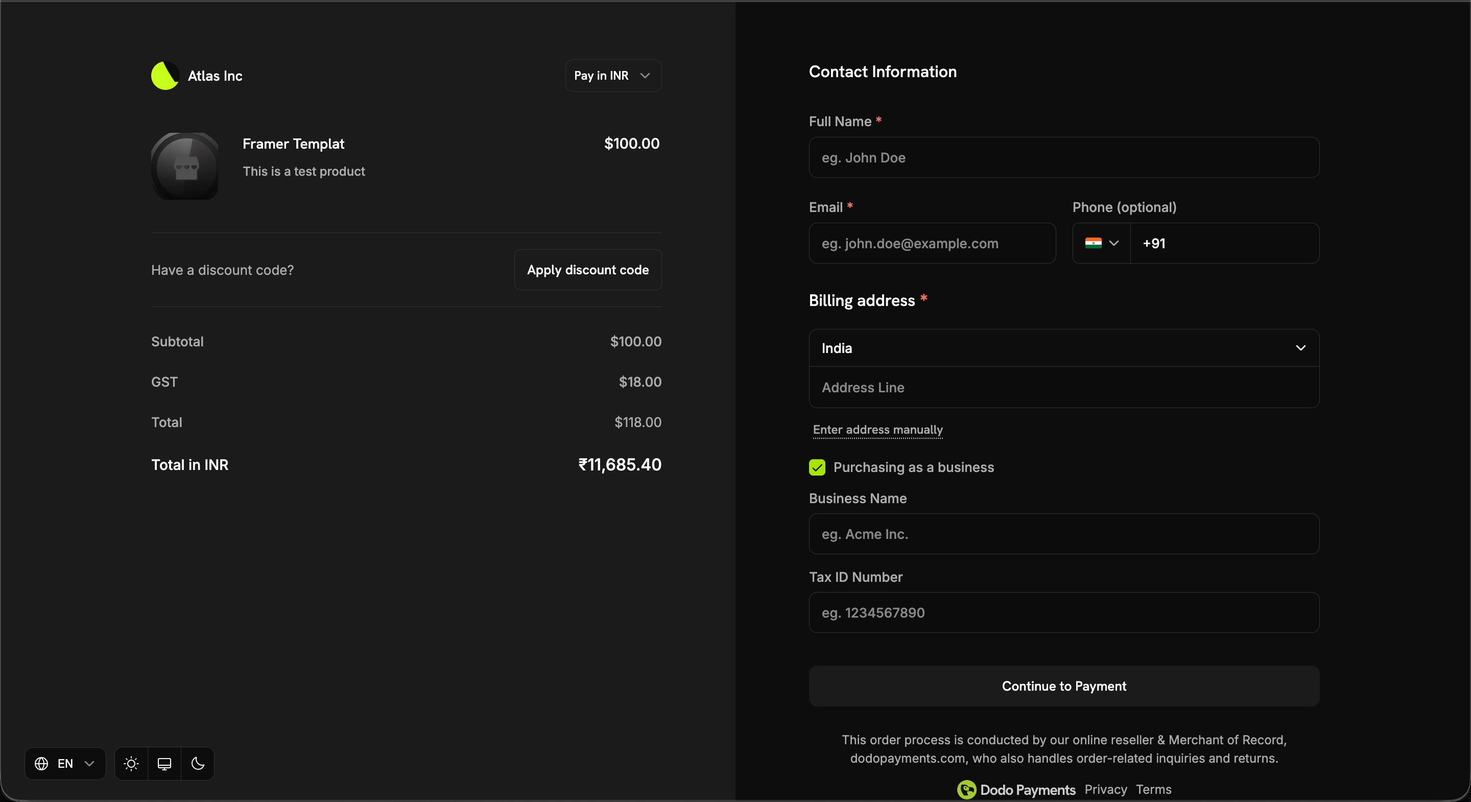 Checkout page with the 'Purchasing as a business' toggle enabled, showing Business Name and Tax ID Number fields