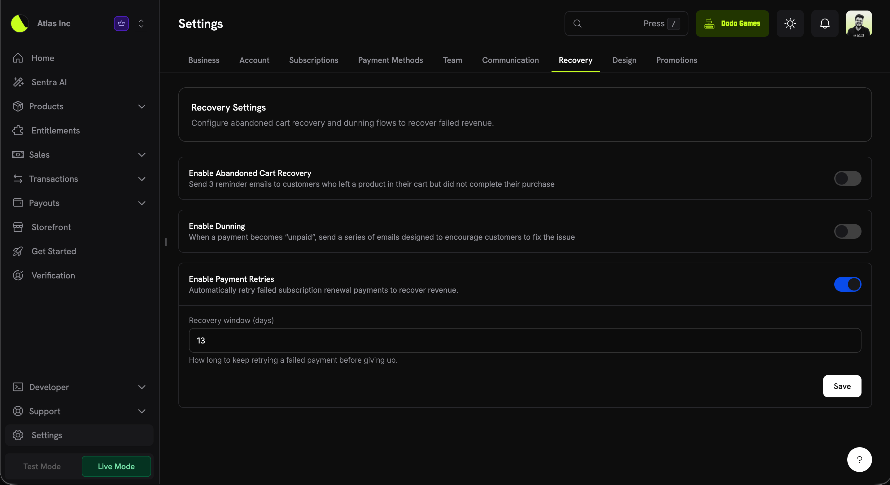 Página de Configuraciones de Recuperación con el interruptor para activar Reintentos de Pago y un campo de Ventana de Recuperación (días)