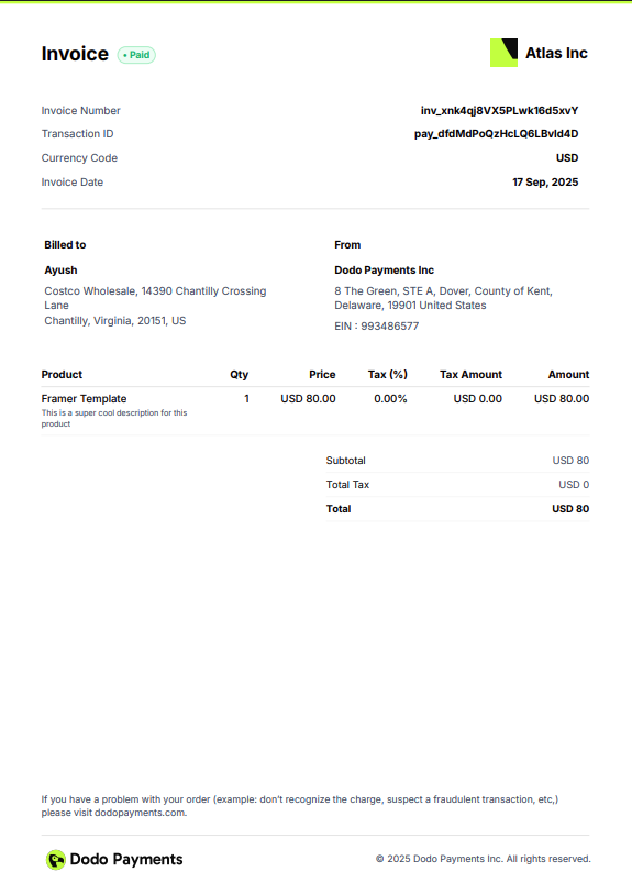 Invoice template showing business branding, transaction details, and professional layout