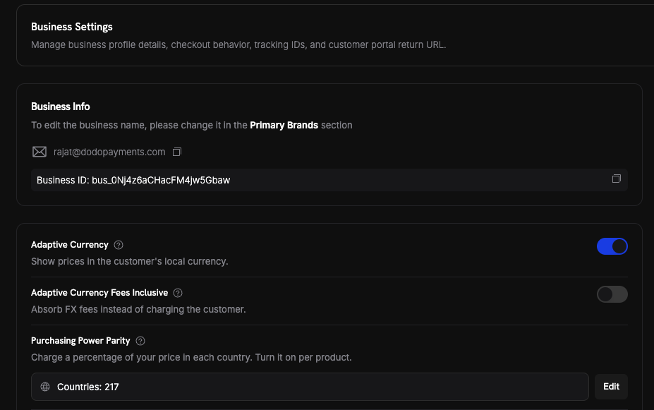 Adaptive Currency toggle in Business Settings