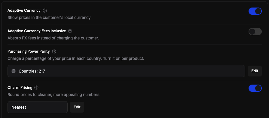 Charm Pricing enabled in Business Settings