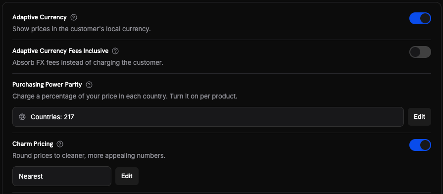 Charm Pricing enabled in Business Settings