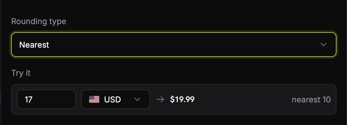 Set up Charm Pricing dialog with the rounding type selector and the Try it preview