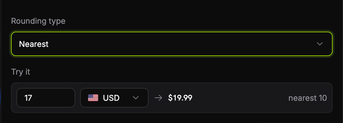 Set up Charm Pricing dialog with the rounding type selector and the Try it preview