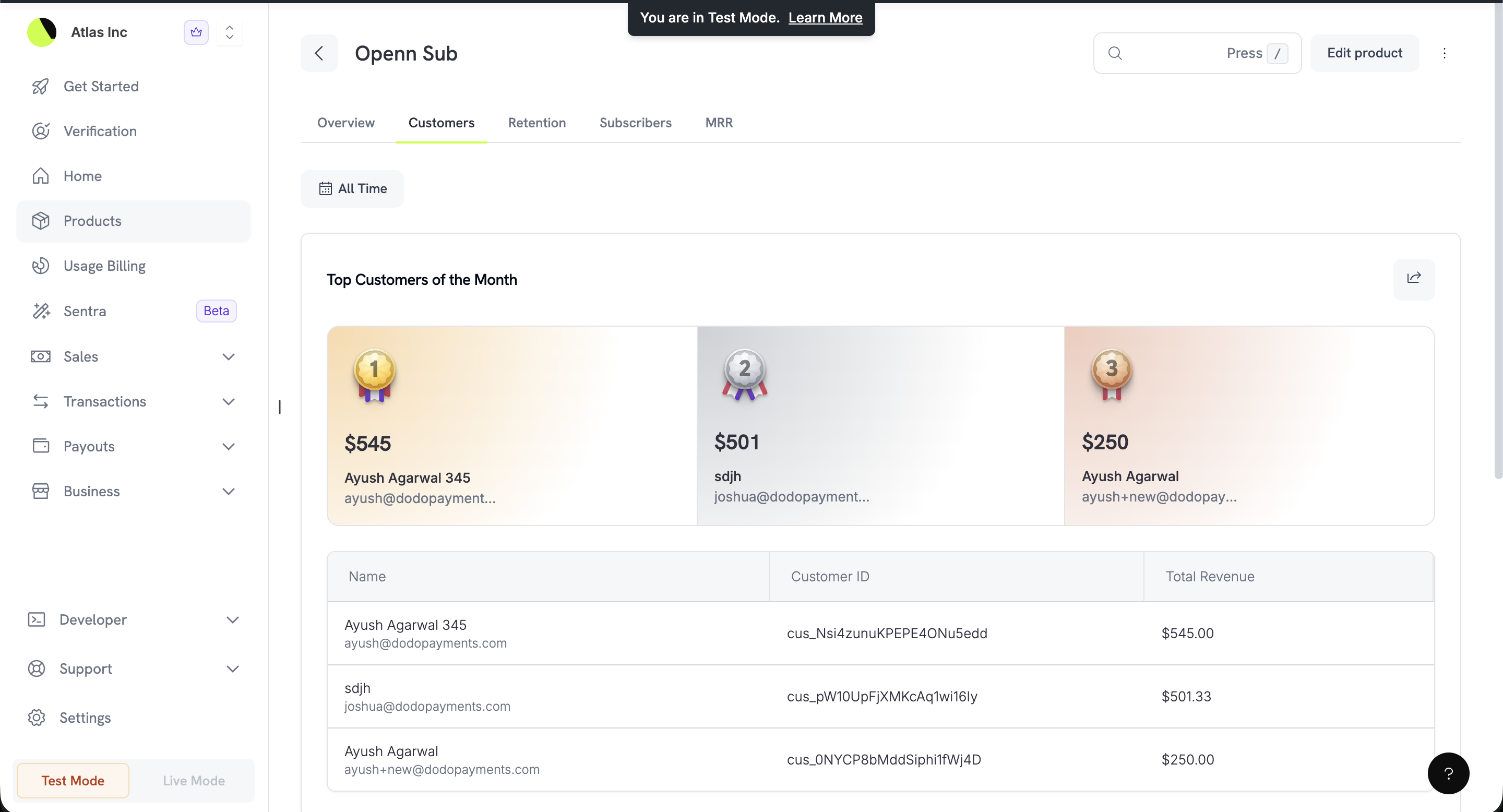 Customers tab showing top 3 customers ranked by revenue with a detailed breakdown table