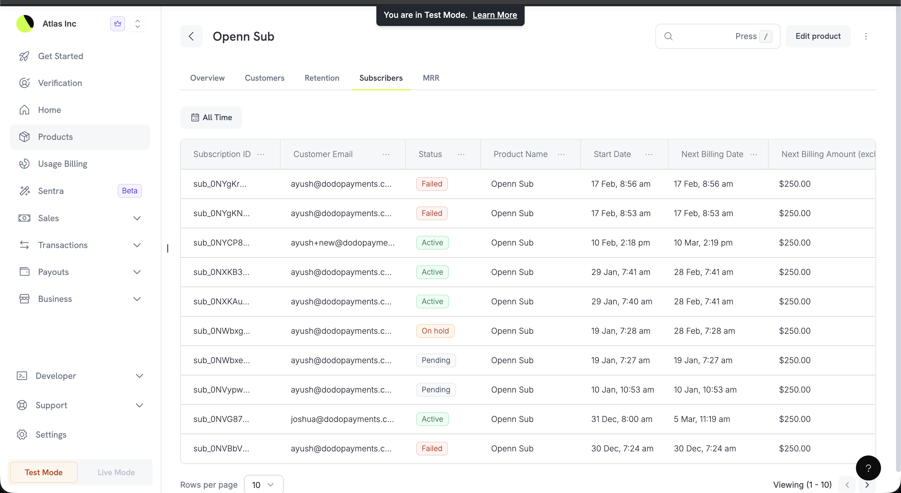 Subscribers tab with subscription IDs, customer emails, statuses, start dates, and next billing information