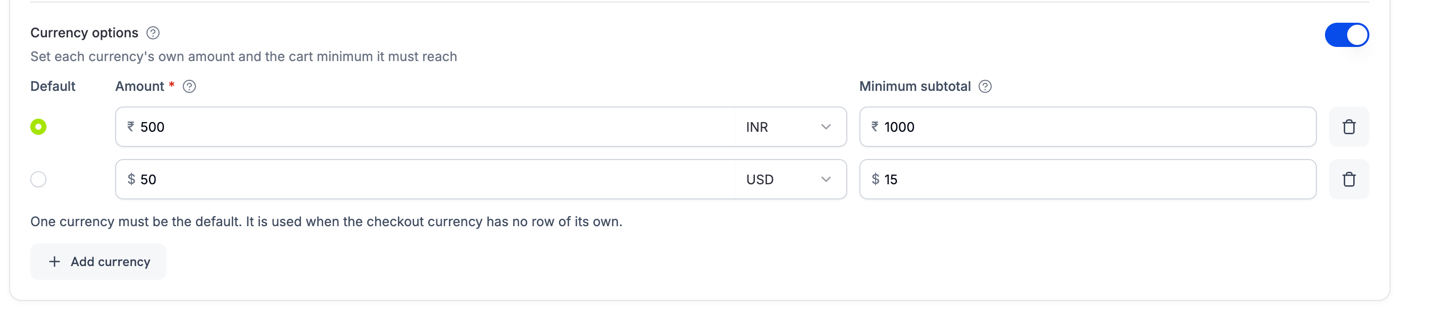 Panel opsi mata uang dengan jumlah per mata uang dan subtotal minimum untuk INR dan USD