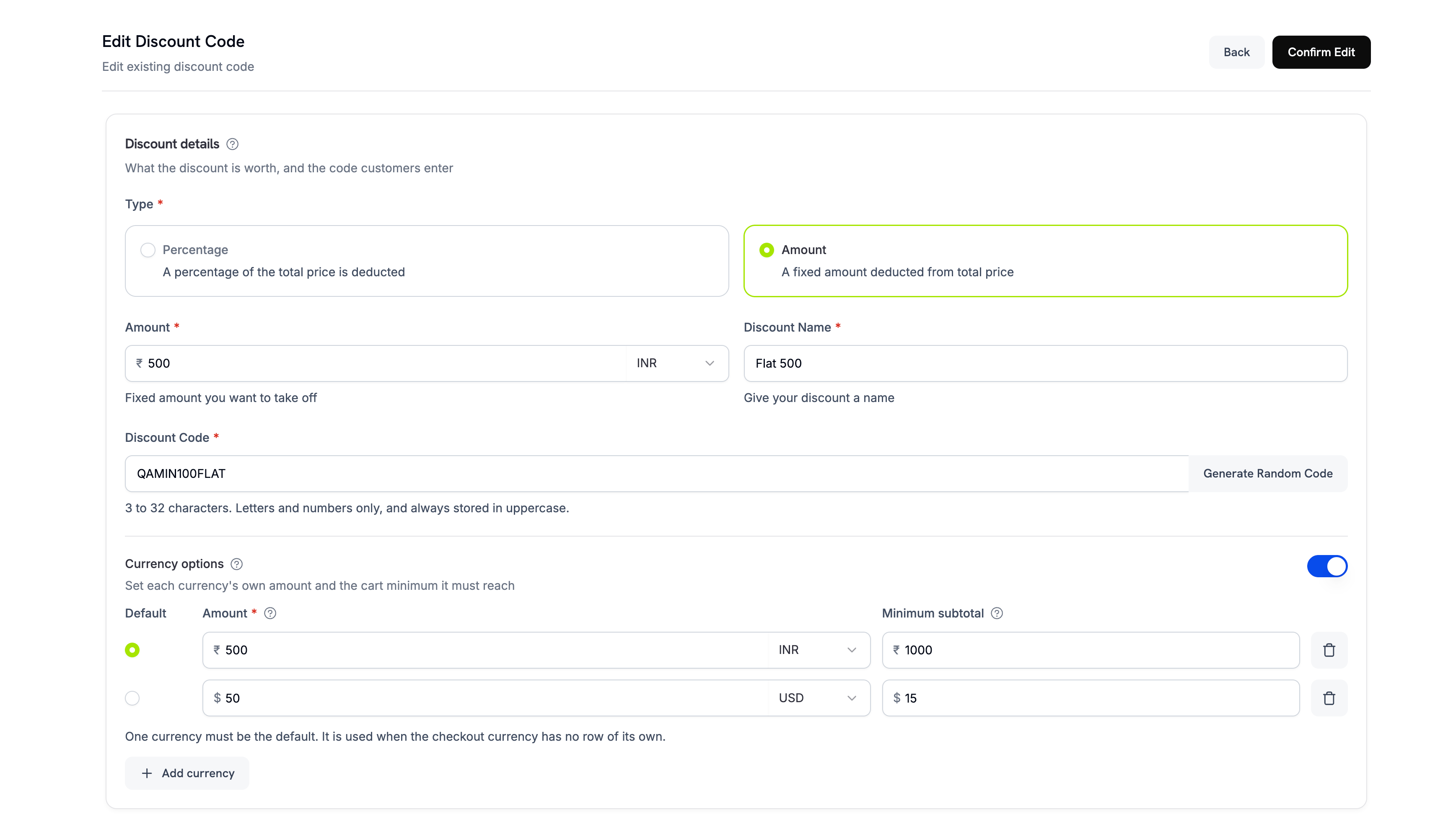 Discount code editor with the Amount type selected, showing a flat 500 INR deduction
