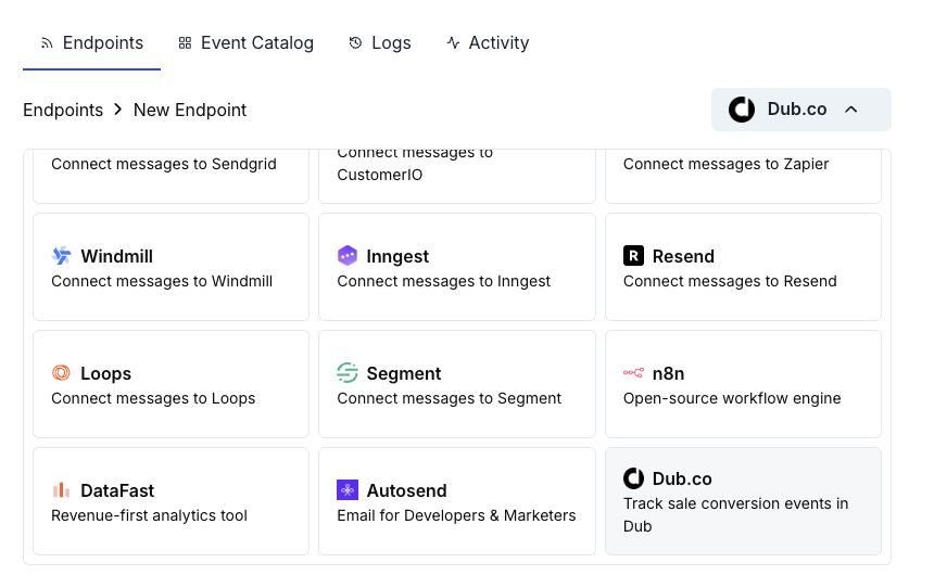 Add Endpoint and integrations dropdown