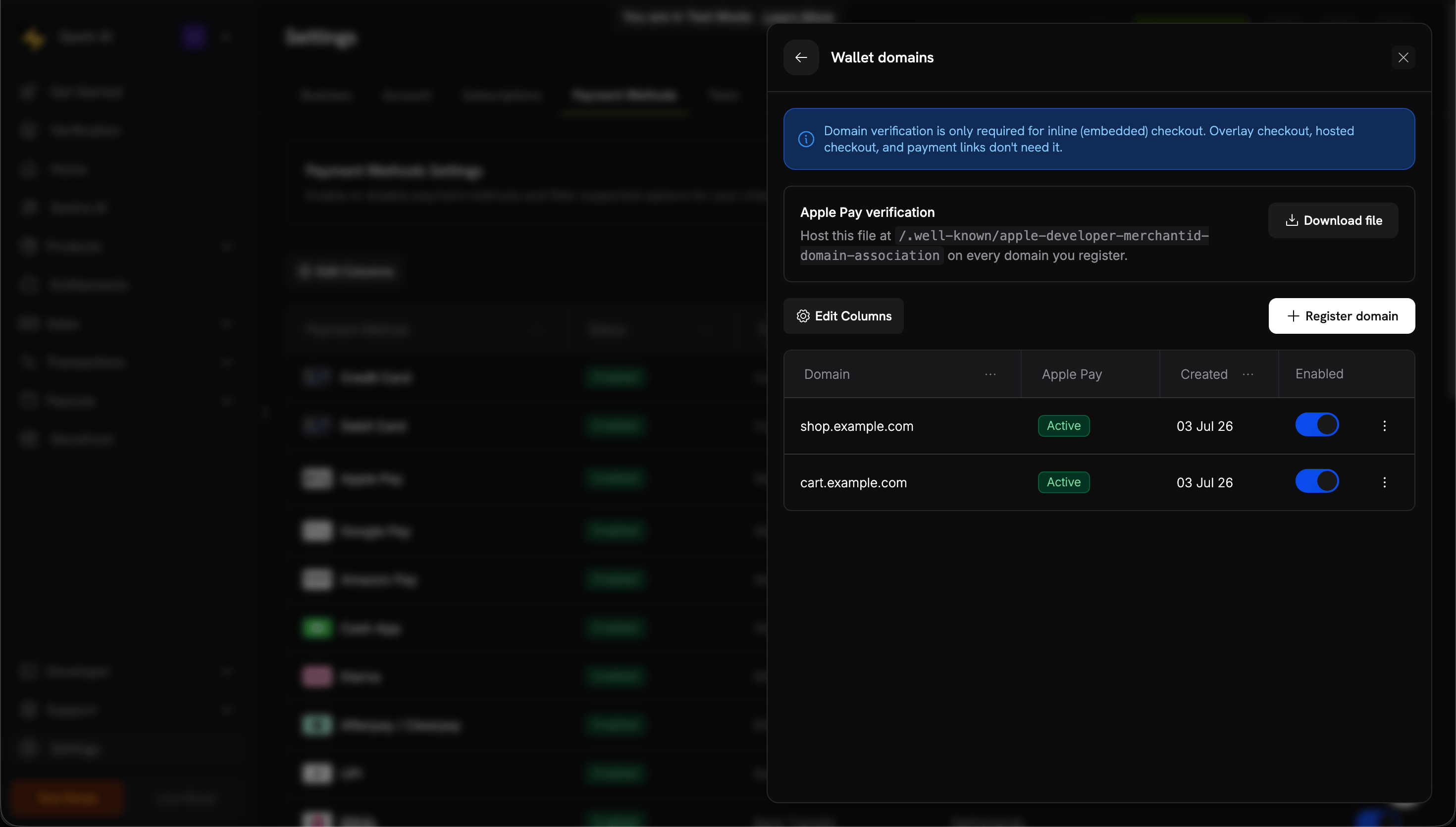 Wallet domains list showing domains with an Active Apple Pay status and Enabled toggles