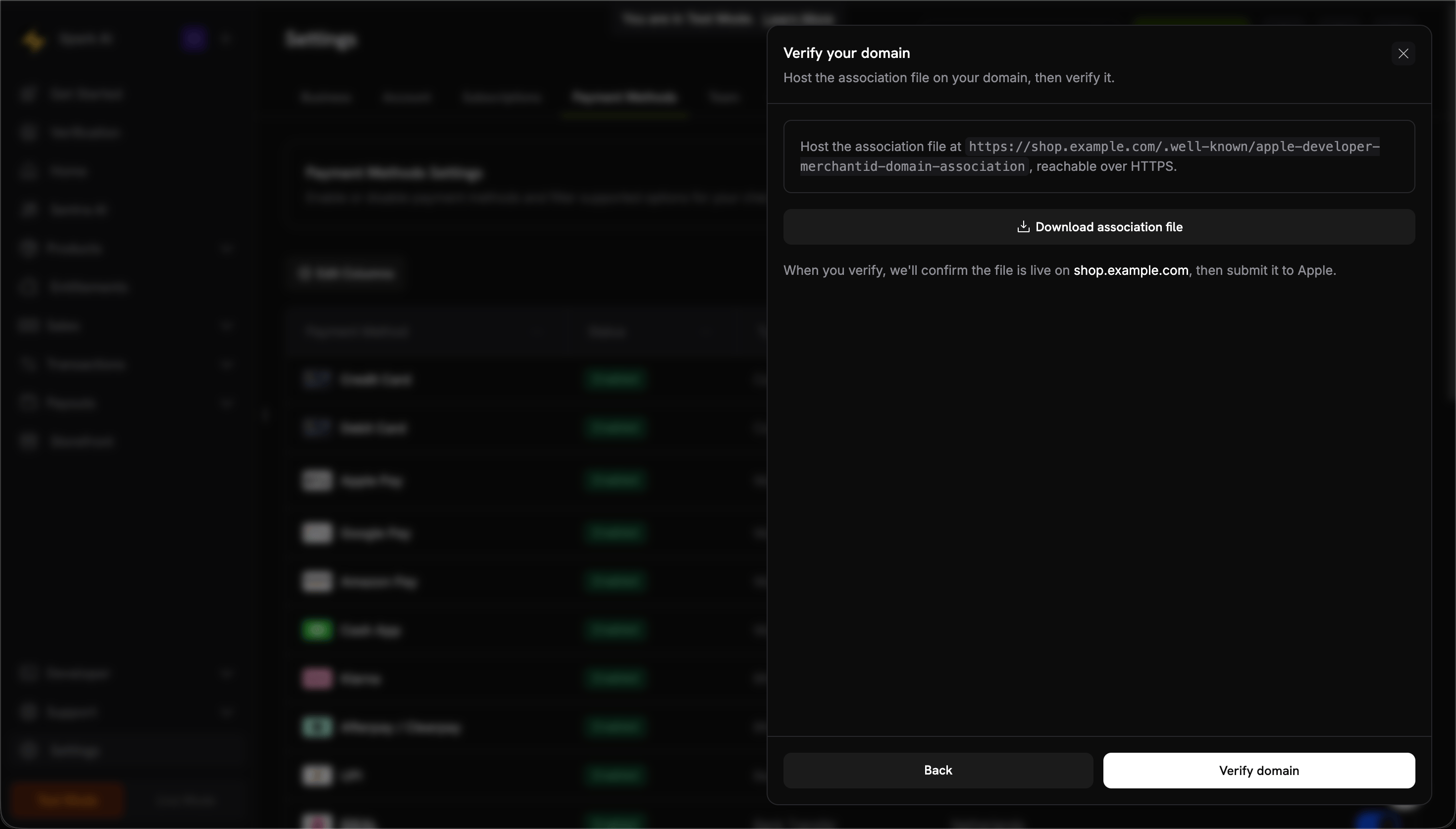 Verify your domain screen with the association file host path and Verify domain button