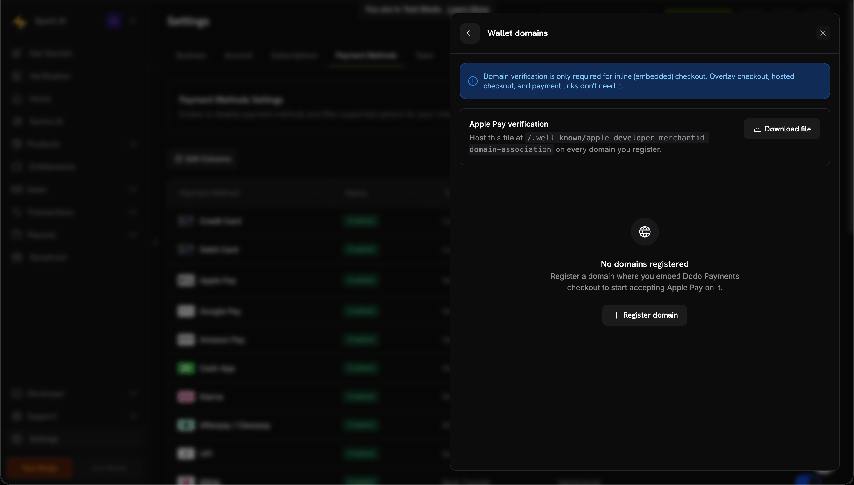 Wallet domains panel with the Download file button