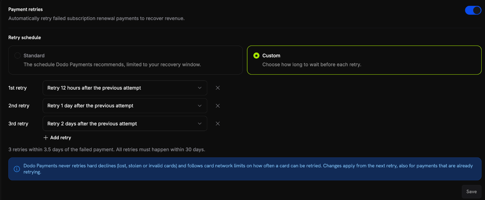 Payment retries section of the Recovery settings with Custom selected under Retry schedule, three retry rows with wait menus, an Add retry button, and the note on when the last retry runs
