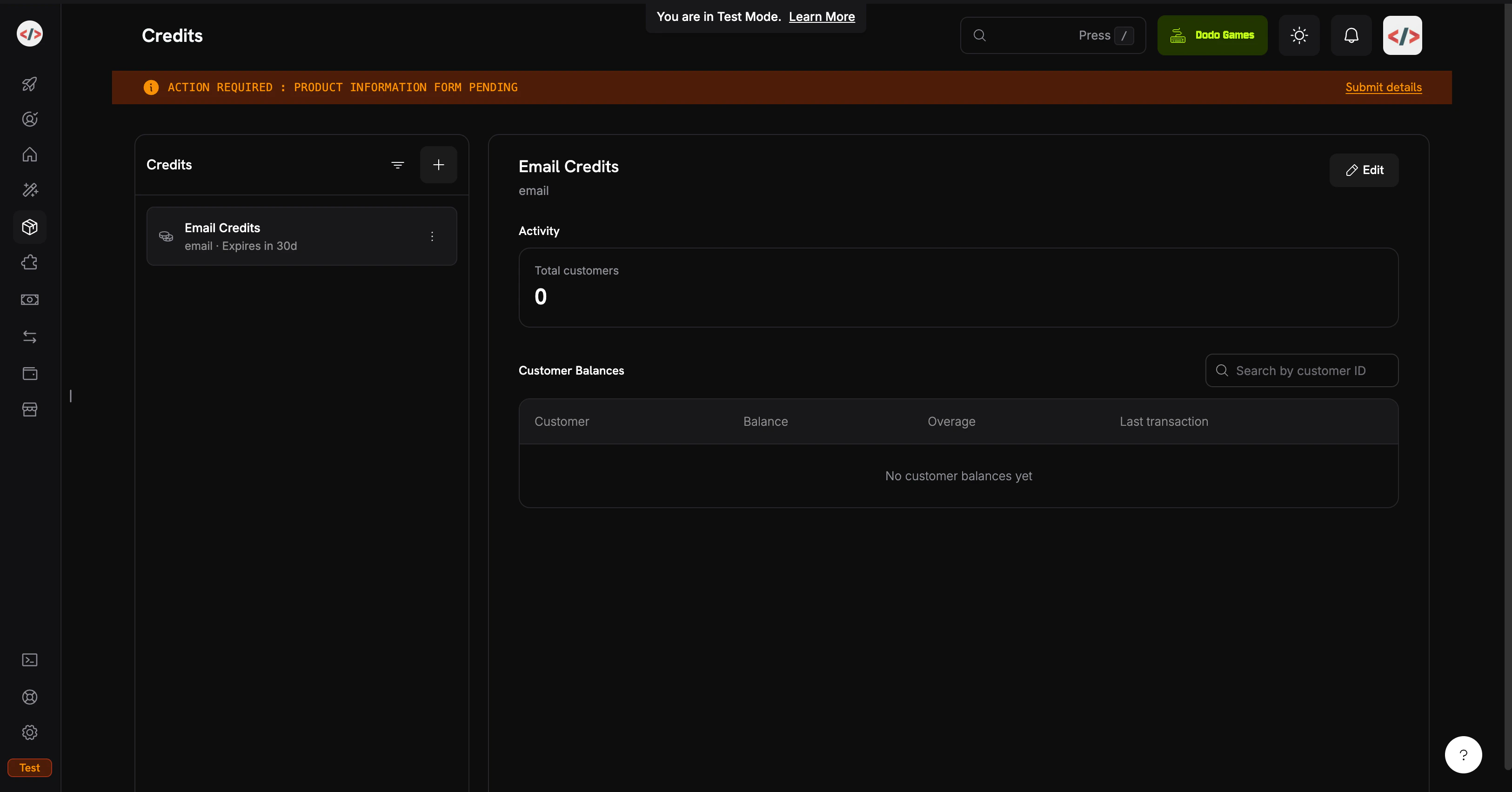Credits listing page