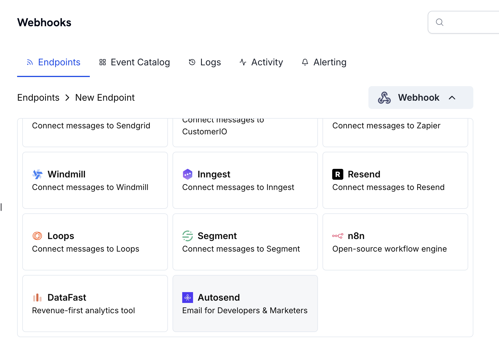 Add Endpoint and integrations dropdown