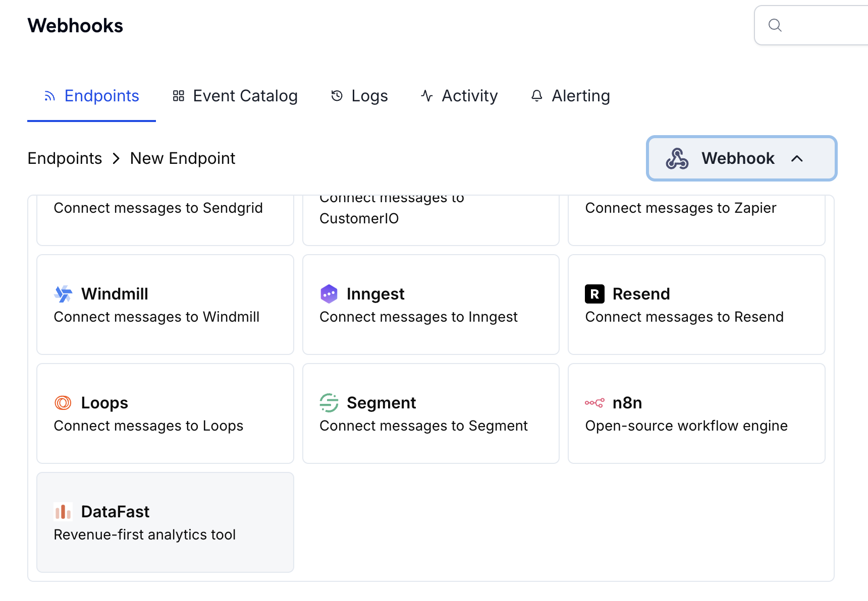 Add Endpoint and integrations dropdown