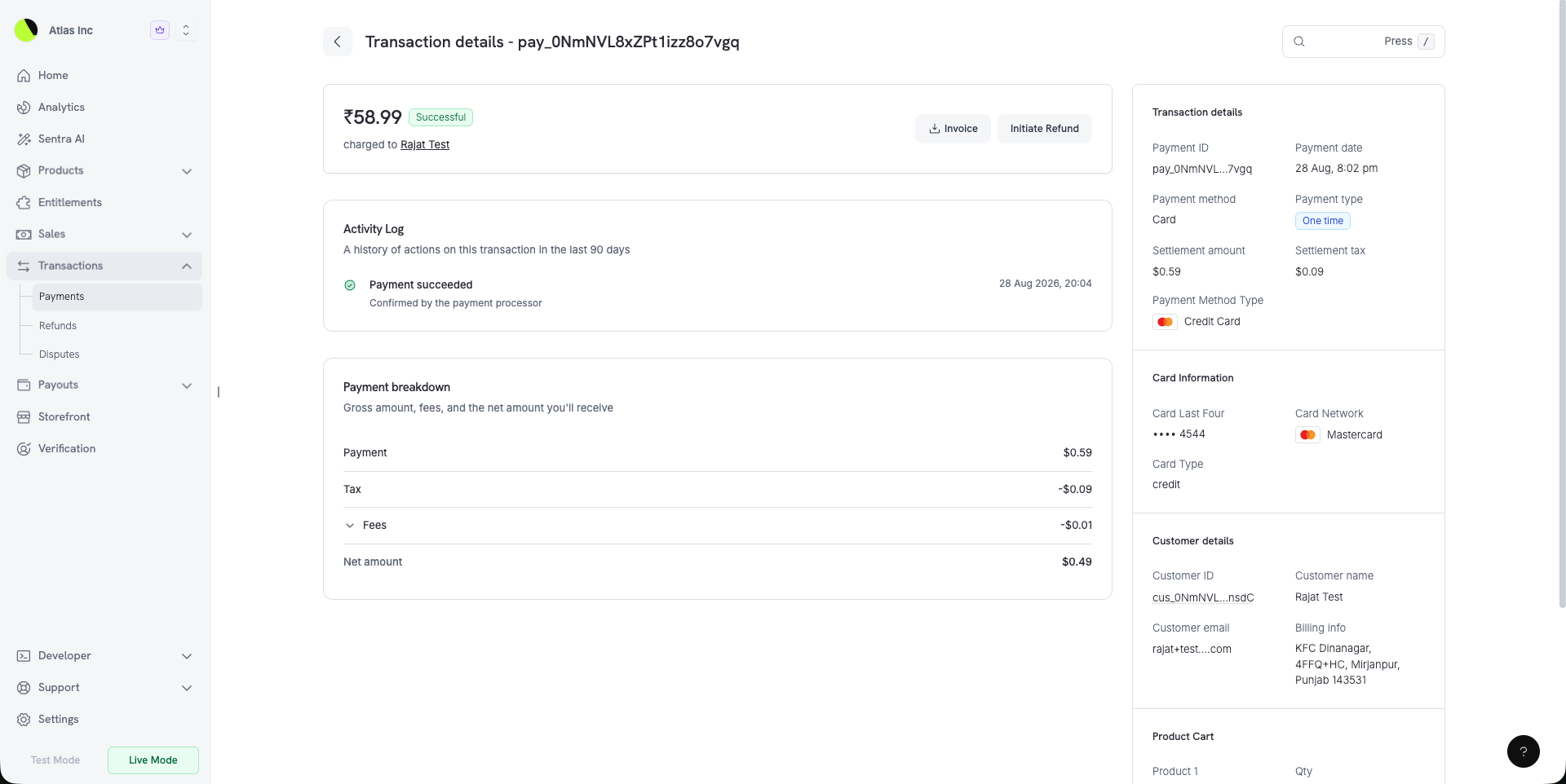 Activity Log on a payment detail page showing a Payment succeeded entry with its timestamp