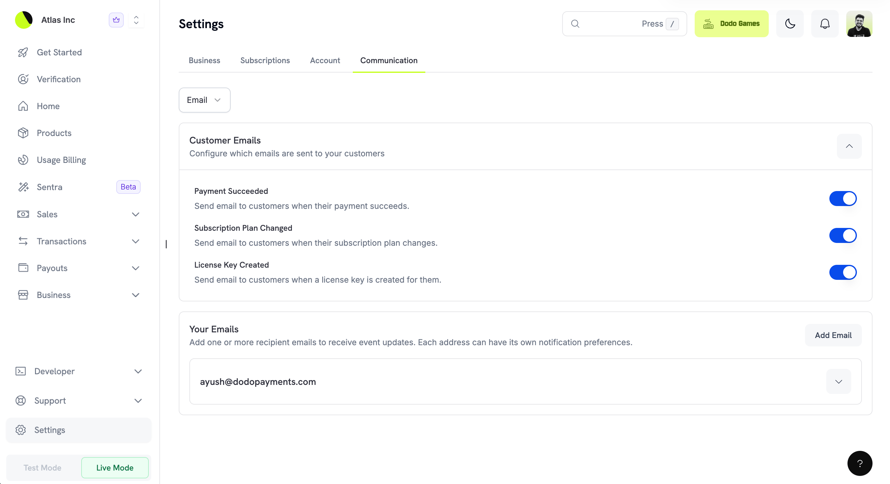 Customer Email Configuration