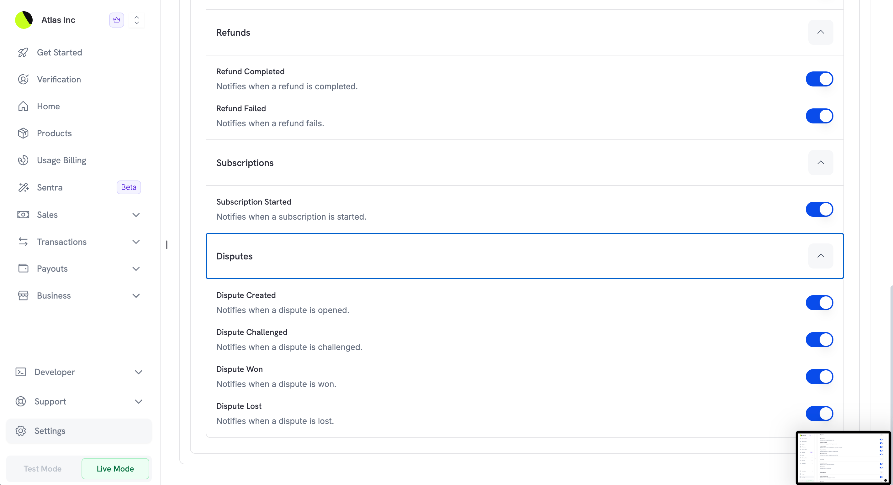 Subscription and Dispute Notifications