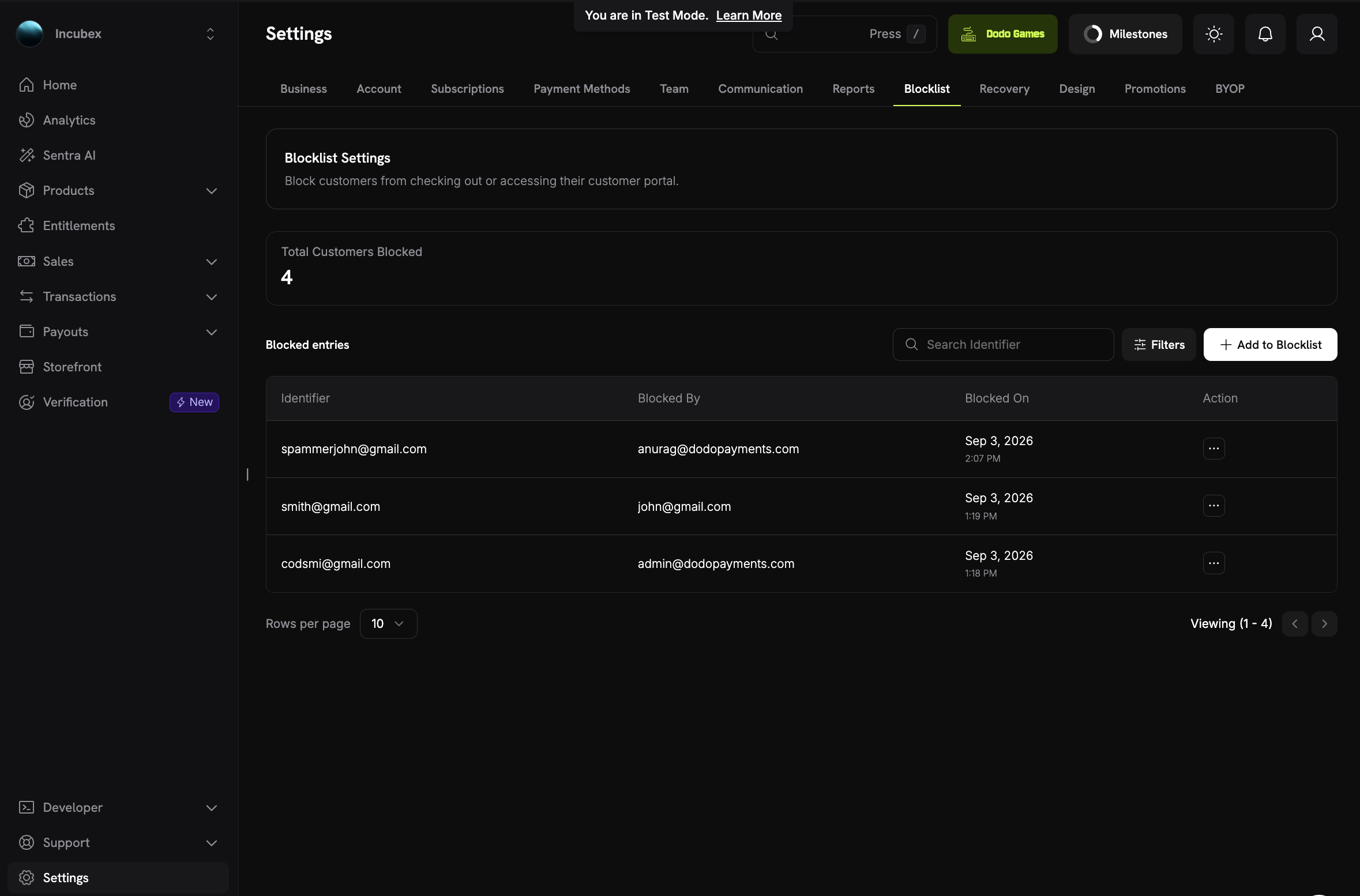 Blocklist settings page showing the total number of blocked customers, a table of blocked entries with identifier, blocked by, and blocked on columns, and an Add to Blocklist button