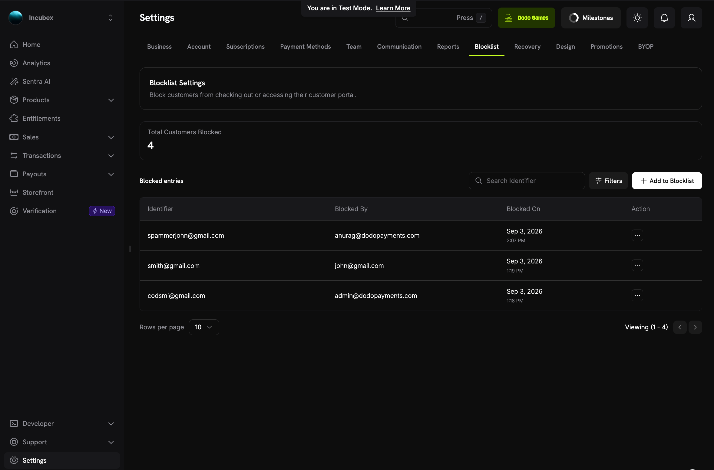 Blocklist settings page showing the total number of blocked customers, a table of blocked entries with identifier, blocked by, and blocked on columns, and an Add to Blocklist button
