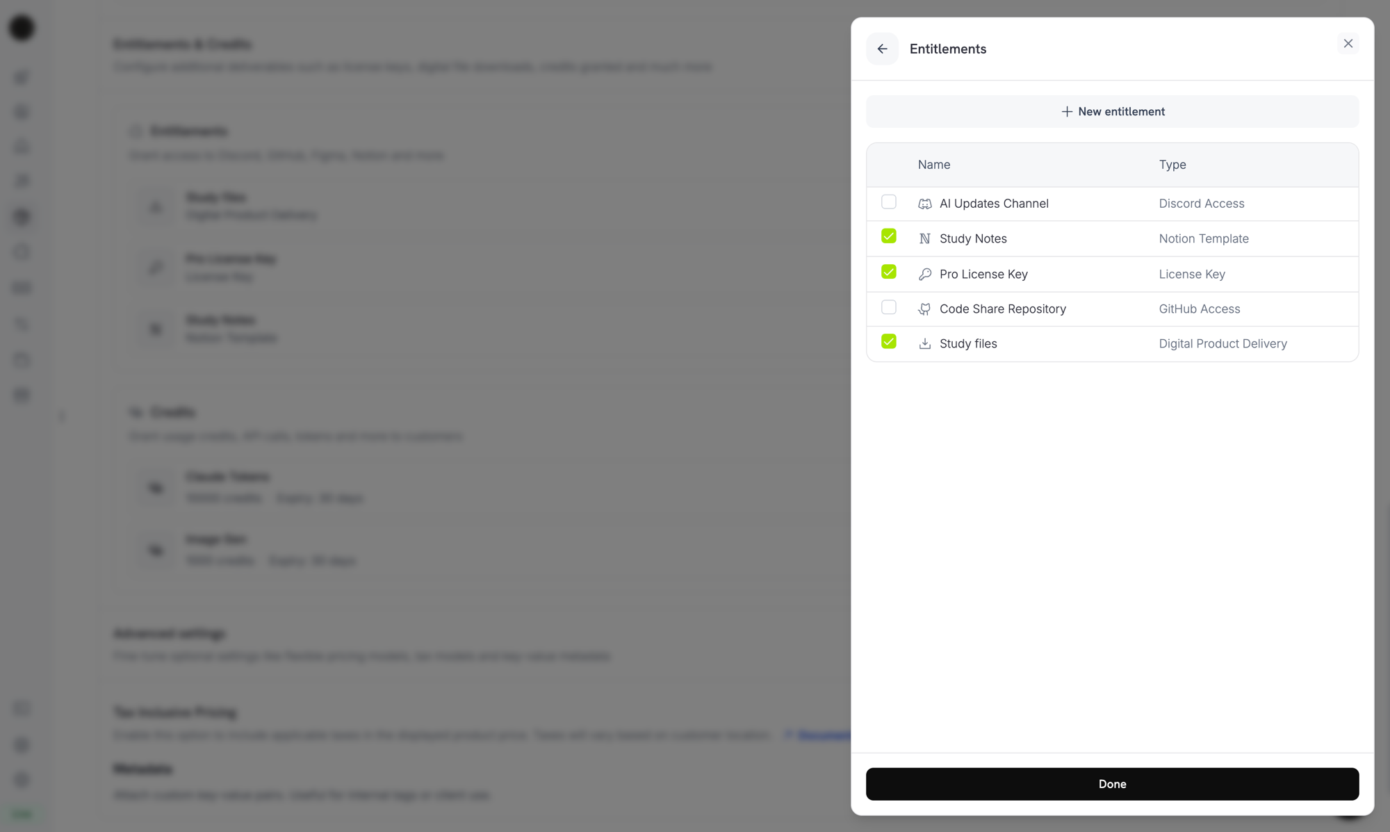 Product entitlement selection panel showing checkboxes for each available entitlement