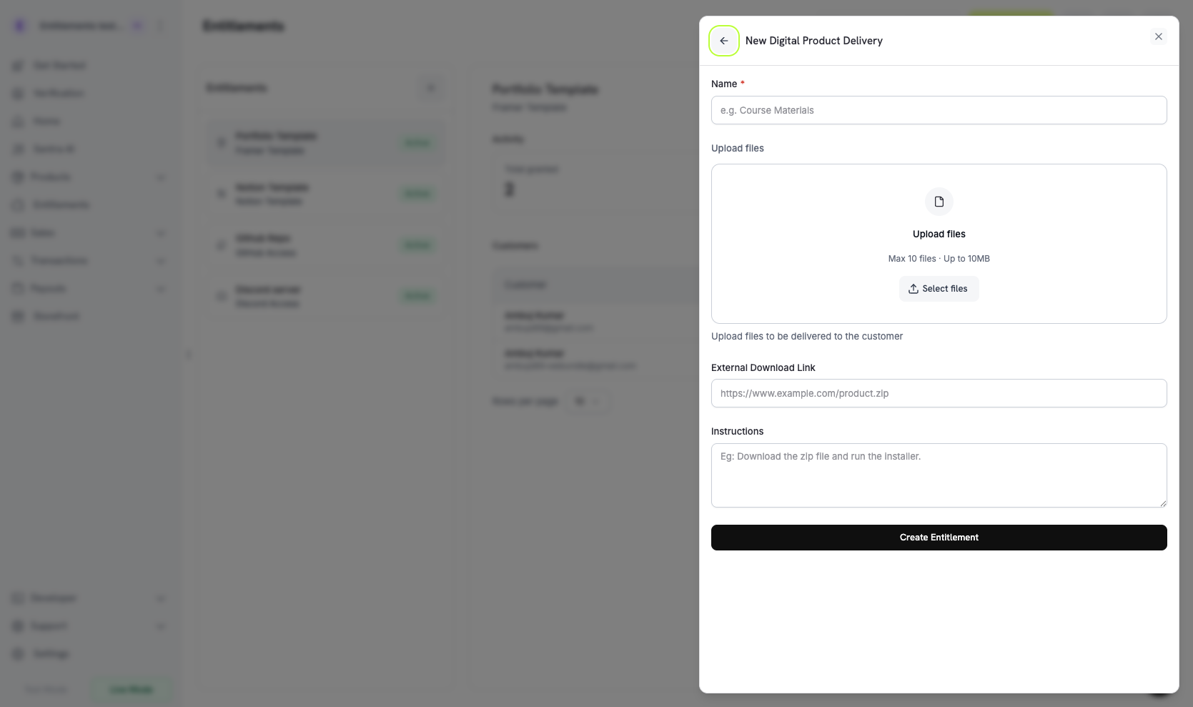 Digital Files entitlement with file upload, external URL, and instructions fields